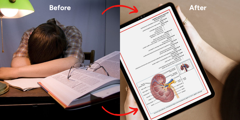 Before-and-after study illustration showing a student resting on textbooks and medical notes displayed on a tablet.
