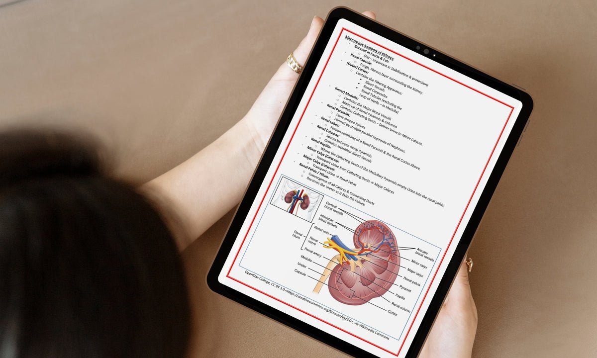 Medical study notes about the kidney displayed on a tablet.