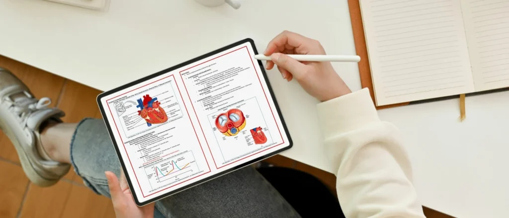 MedicalNotes cardiovascular study notes open on a tablet beside a notebook.