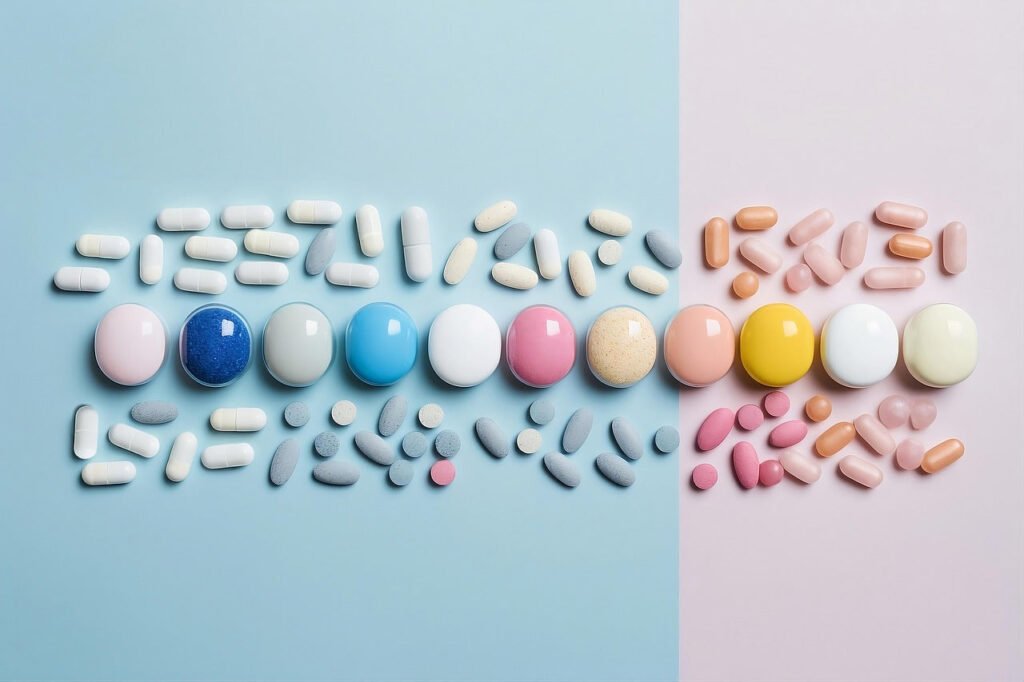 Colourful tablets and capsules arranged on blue and pink backgrounds.