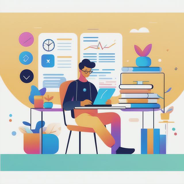Illustration of a person studying at a desk with books and a tablet.